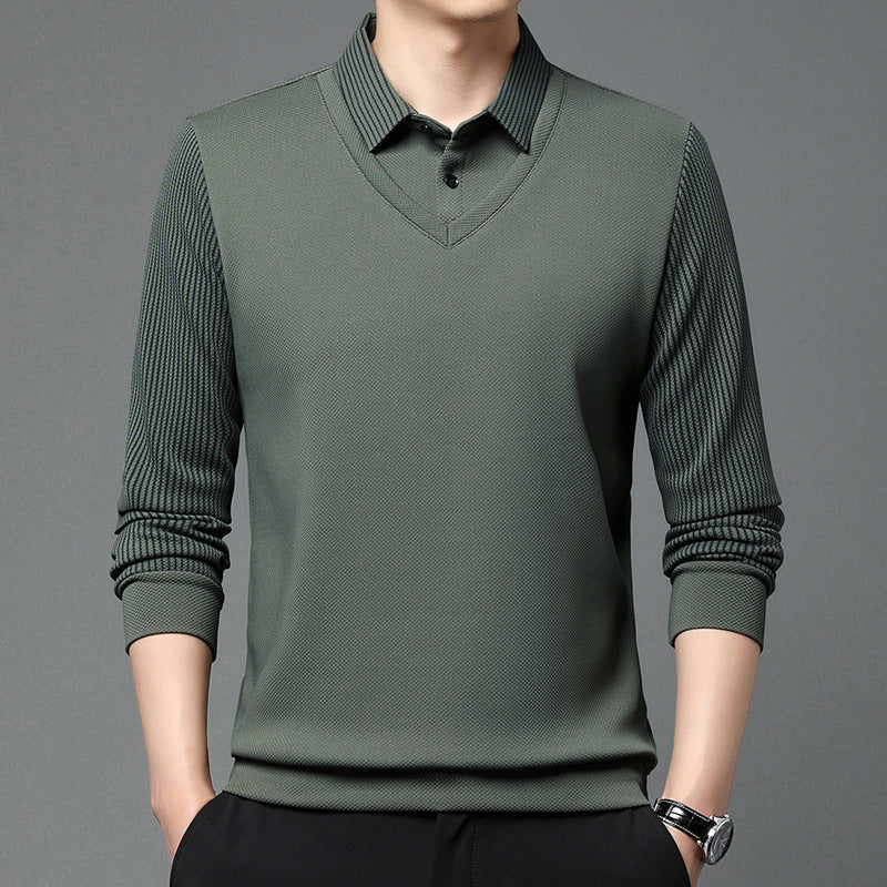 Business Casual Men's Winter Clothing Two-piece Striped Sleeve T-shirt